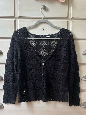 Black Crochet Knit Button-Front Women’s Sweater